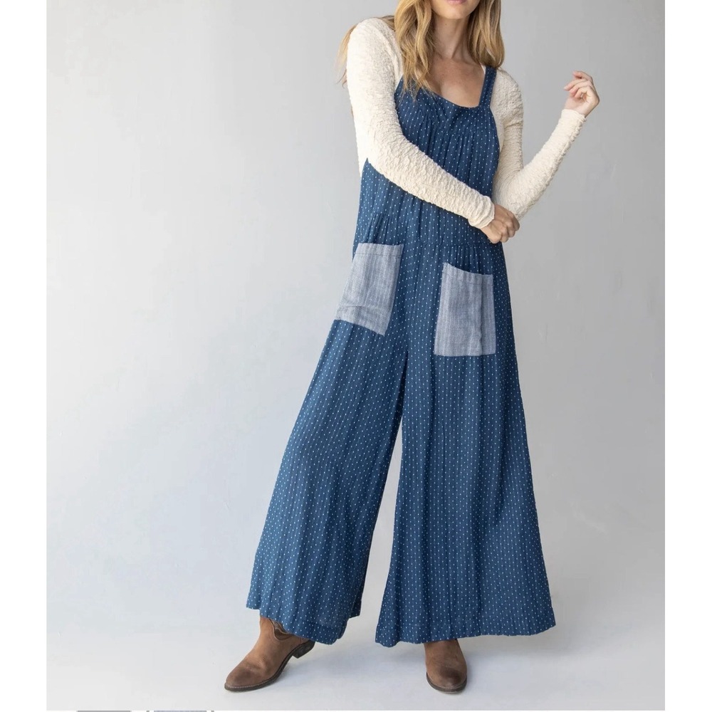 Natural Life Dakota Cotton Tie Overalls L Blue Polka Dot Boho Wide Leg Pockets